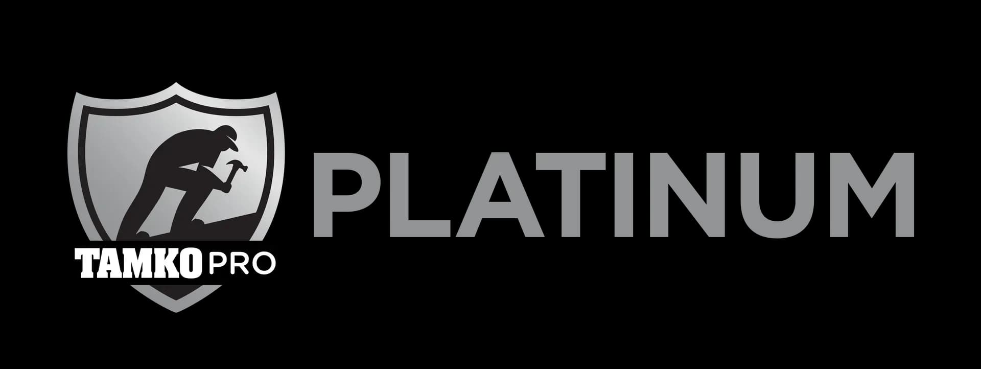 Logo with a silver shield and silhouette of a person hammering, alongside bold gray text "PLATINUM." White text reads "TAMKO PRO" overlaying the shield.