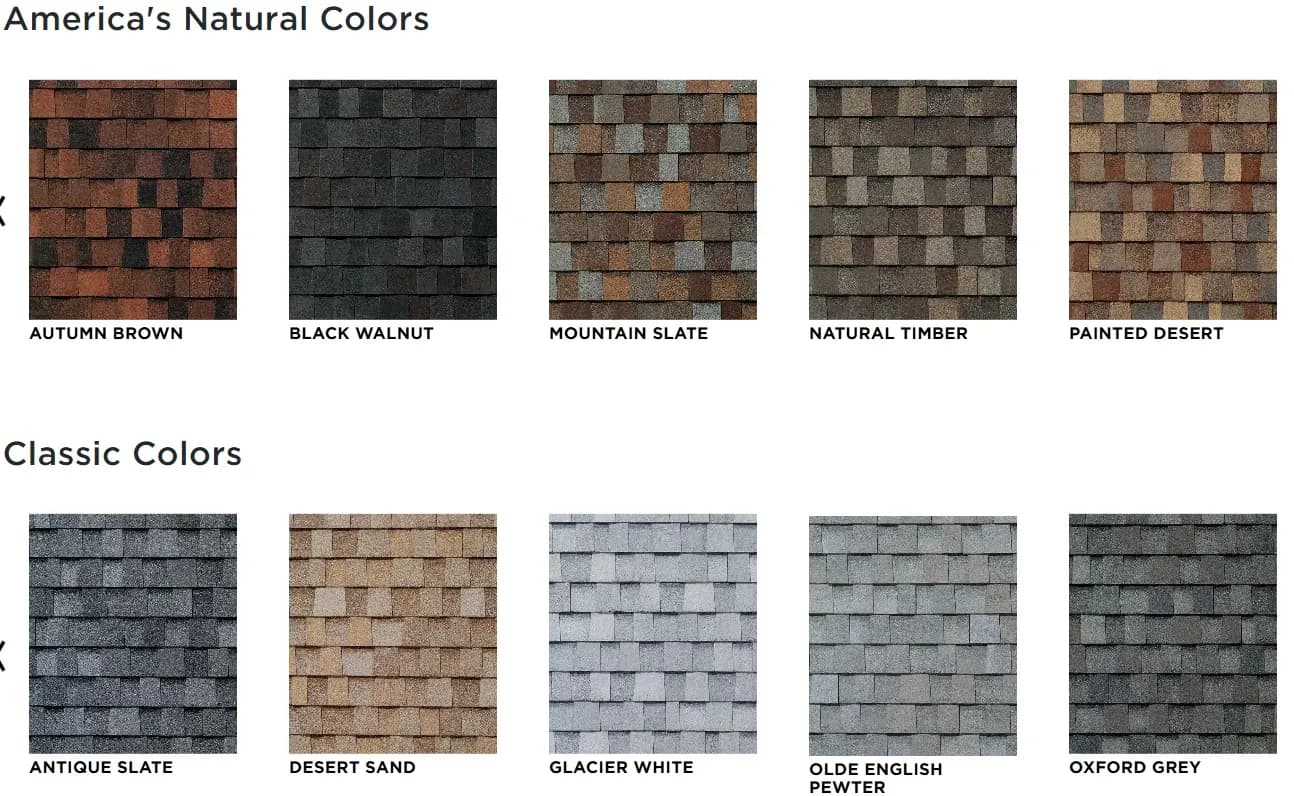 Image displaying two rows of roofing shingles. Top: America's Natural Colors; shades from brown to gray. Bottom: Classic Colors; lighter tones including white.