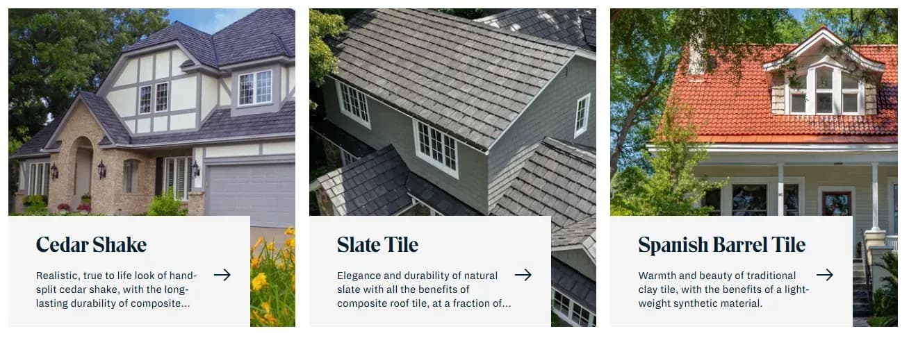 Alt text: "Three-panel image showcasing different roofing types: Cedar Shake on a beige house, Slate Tile on a gray house, and Spanish Barrel Tile on a white house with red roofing. Each style emphasizes aesthetics and durability."