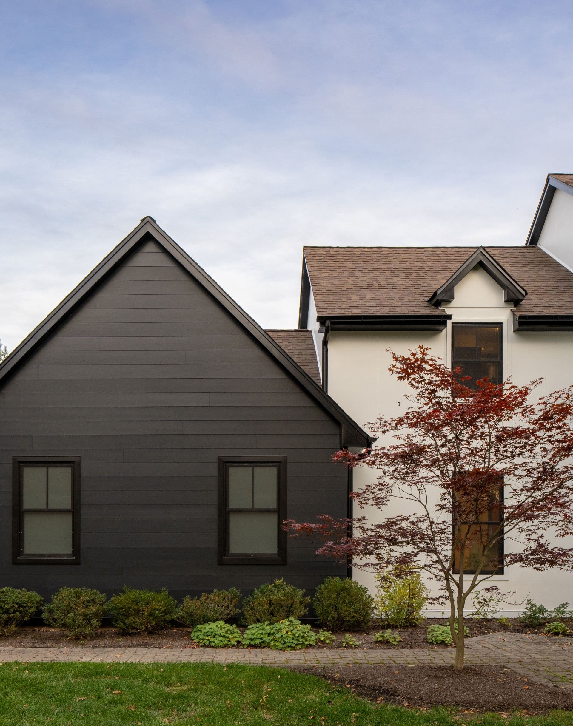 Modern house exterior with contrasting black and white siding, complemented by a brown sloped roof. A small tree and shrubs enhance the foreground.